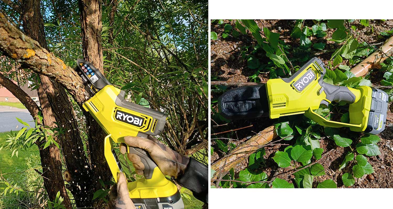 Kuvassa Ryobin oksasaha RY18PSX10A-120 18V ONE+ 1x2,0Ah käytössä puun oksien katkomisessa. Sahan löydät K-Raudasta. 