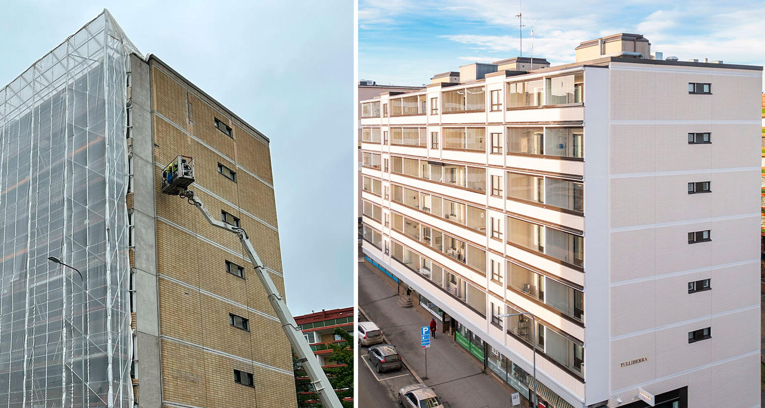 Kerrostalo ennen ja jälkeen julkisivun maalauksen. Maalina oli Tikkurilan Kivitex Brick House Paint -tiilitalomaali, jota myy K-Rauta.