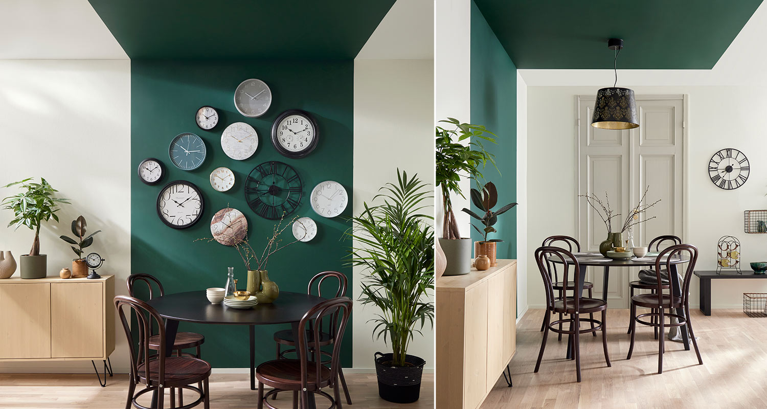 Vihreä seinämaali nousee myös kattoon, kuvassa K-Raudan oman merkin Cellon tuotteita.