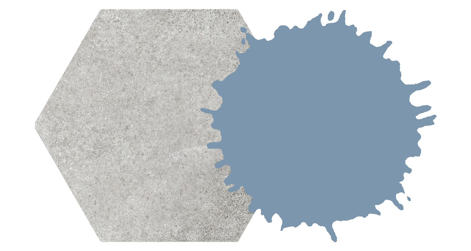 Harmaa kuusikulmainen Cello Hexatile Cement -laatta ja sininen Teknoksen maalisävy 1479 K-Raudasta