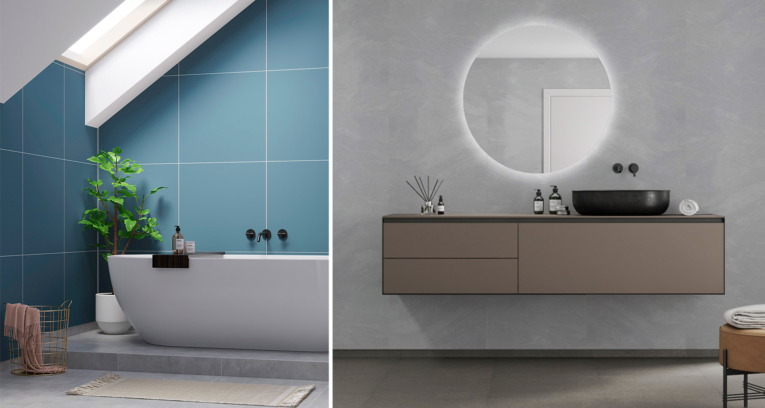 Sininen ja harmaa Fibo-levy kylpyhuoneen seinissä