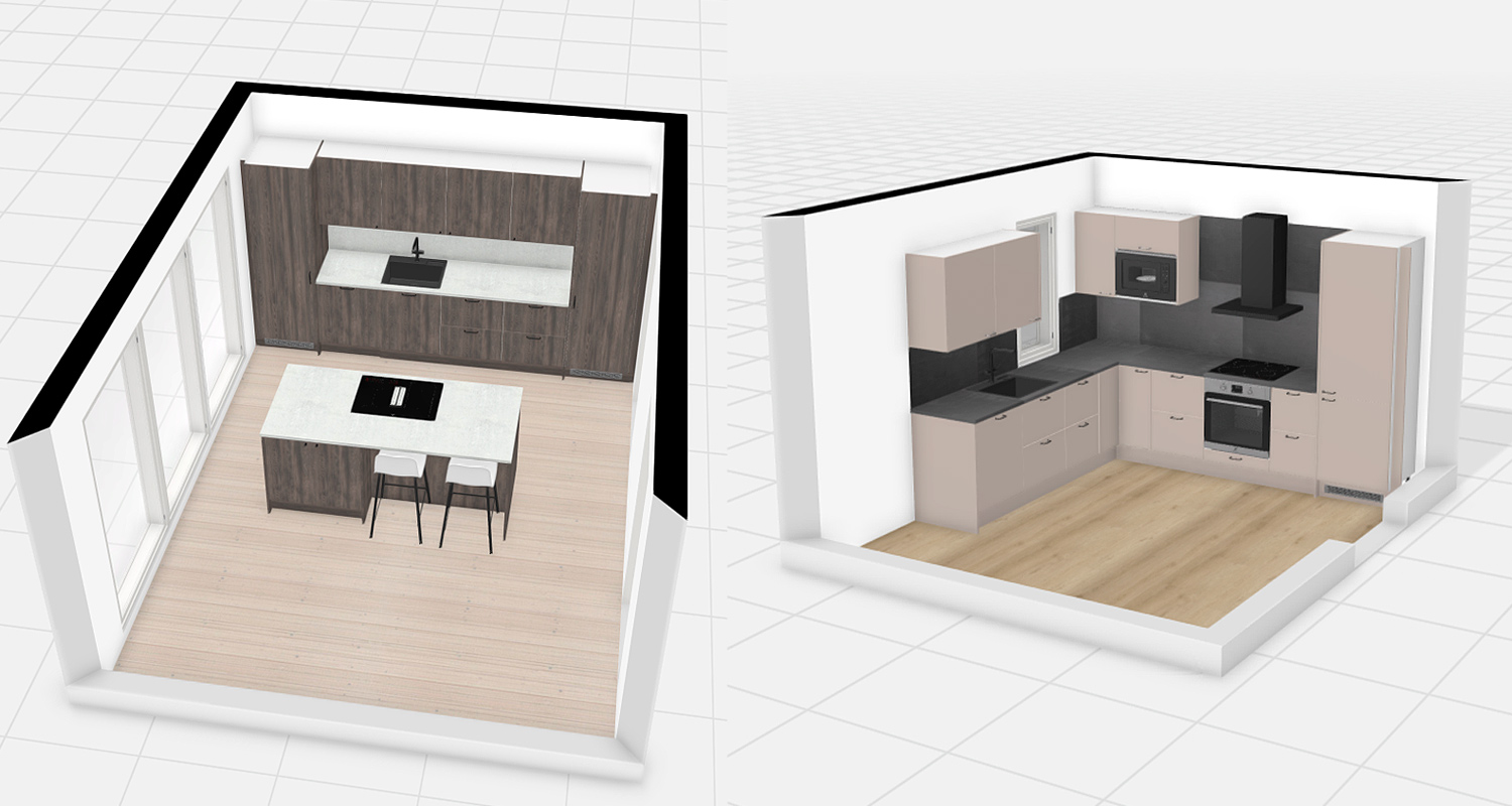 K-Raudan Cello-keittiöiden suunnitteluohjelmasta löytyviä valmiita keittiöpohjia, joista voi lähteä muokkaamaan itselleen sopivaa.
