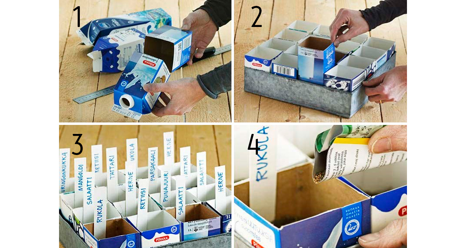 Leikattuja sinivalkoisia maitopurkkeja metallisessa ruudukossa, istutusmerkkejä ja siemeniä.