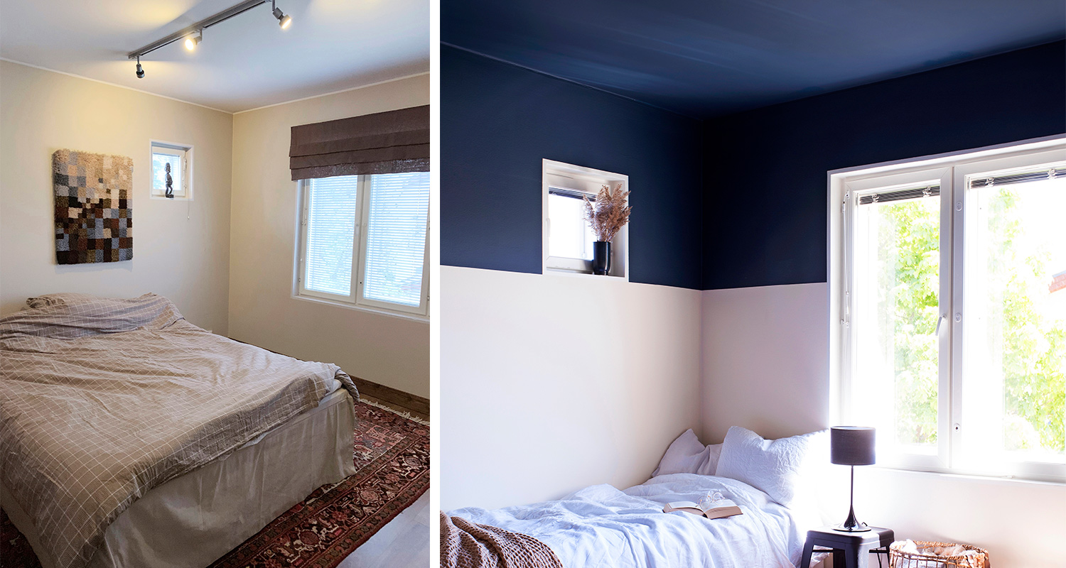 Huone ennen: beige sänky, mosaiikkitaulu. Jälkeen: sinivalkoinen seinä, valkoinen peti, musta lamppu