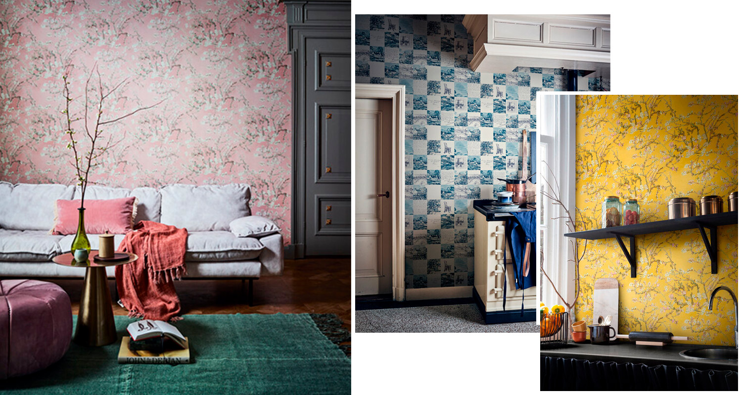 Kolmiosainen kuva: vaaleanpunainen kukkatapetti sohvan takana, sinivalkoinen ruututapetti ja keltainen tapetti