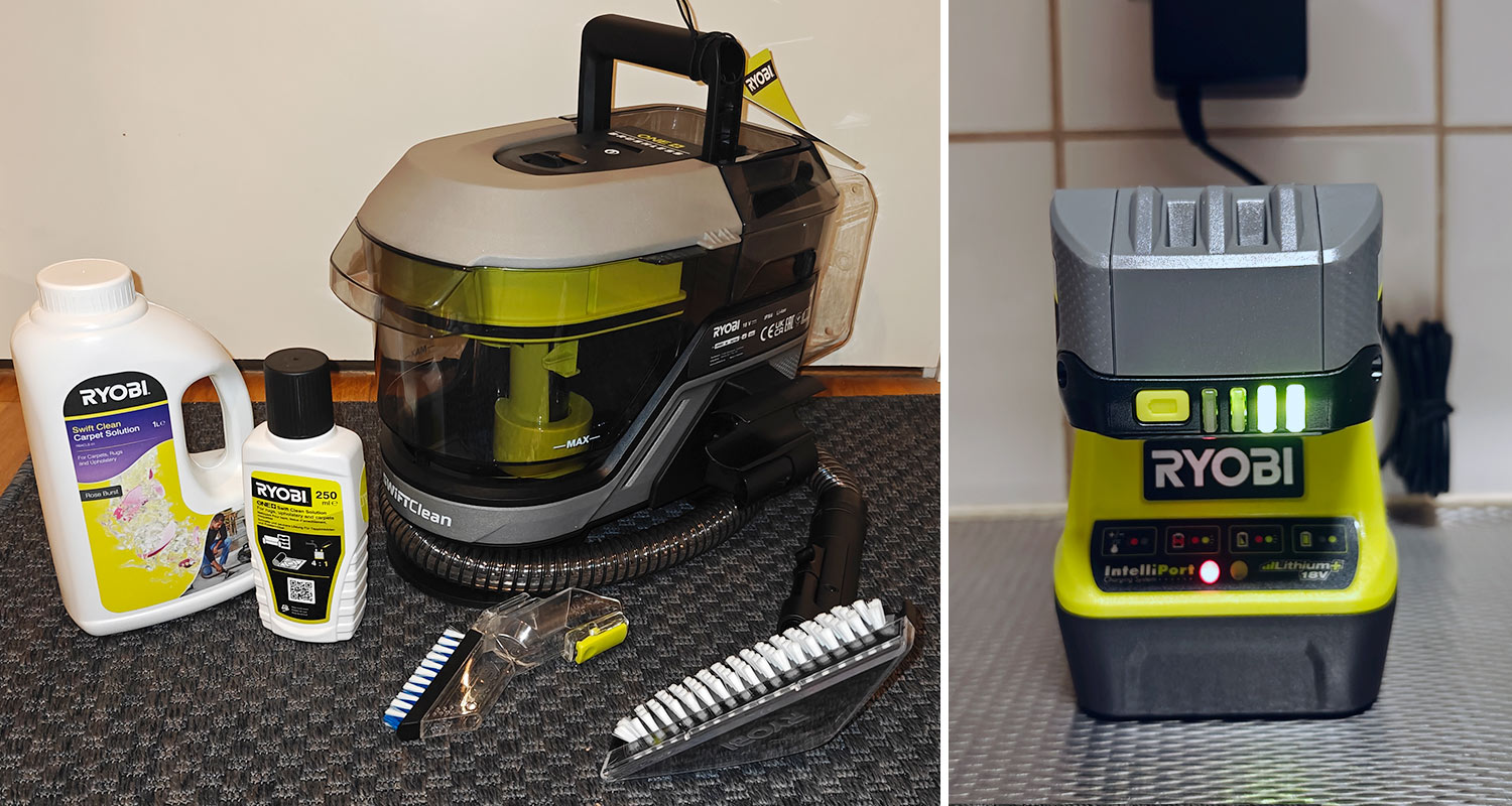 Testissä tekstiilipesuri Ryobi RDC18BL-0 18V ONE+. Tuotetta myy K-Rauta.
