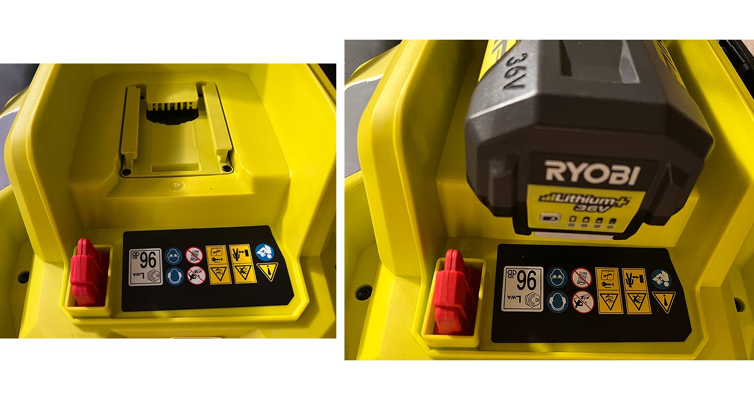 Ryobin akkuruohonleikkuri RY36LMM46A-140 tuotetestissä, akkukotelo ja akku kiinni