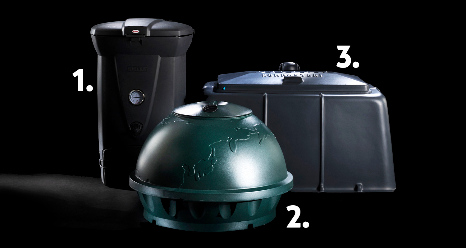 Kolme kotimaista kompostia. Kuvassa on sopiva komposti keittiöjätteille, yleiskompostointiin sekä puutarhajätteille. Kaikki kompostorit löytyvät K-Raudan valikoimasta.