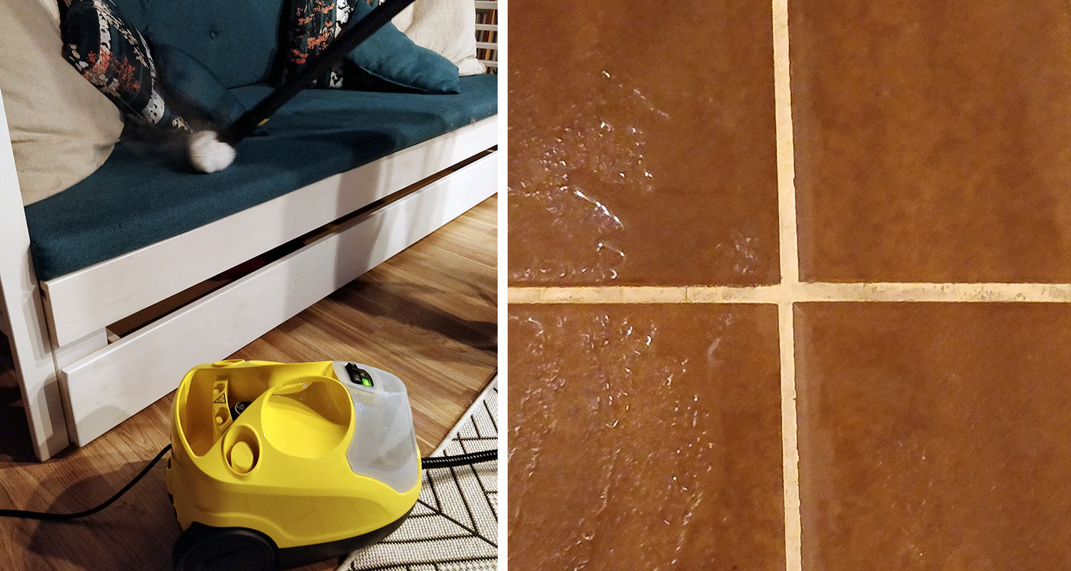 Kärcherin höyrypuhdistimella puhdistettu sohva ja seinälaatan pystysauna