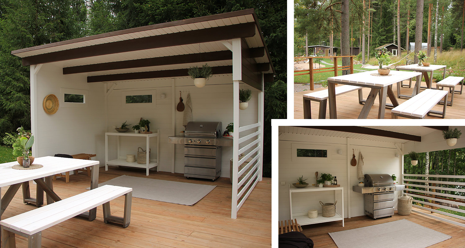 K-Rauta ja Huvila & Huussi remontoivat kesämökin pihan Asikkalassa. Kuvassa kolme kuvaa uudesta kesäkeittiöstä.