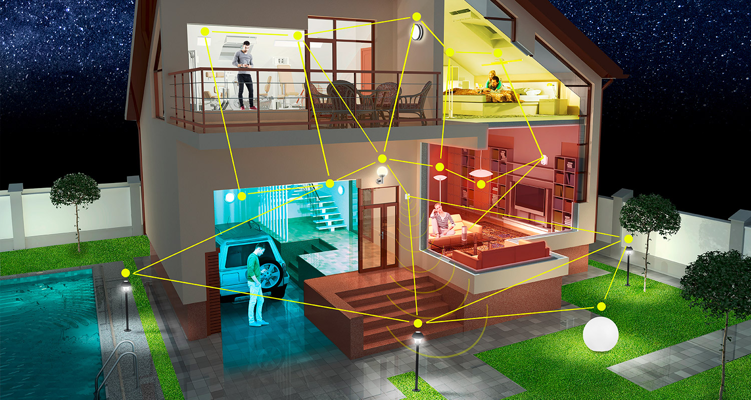 Yökuva älykodista: kaksikerroksinen talo, värilliset valovyöhykkeet ja lamppujen verkosto.