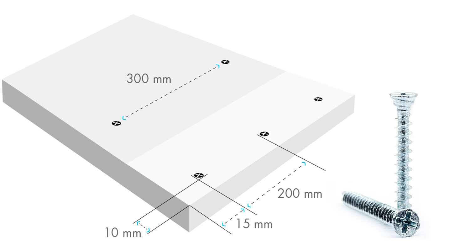 Ruuvien sijoittelupaikat Knauf Ultra Board 13 -kipsilevyssä
