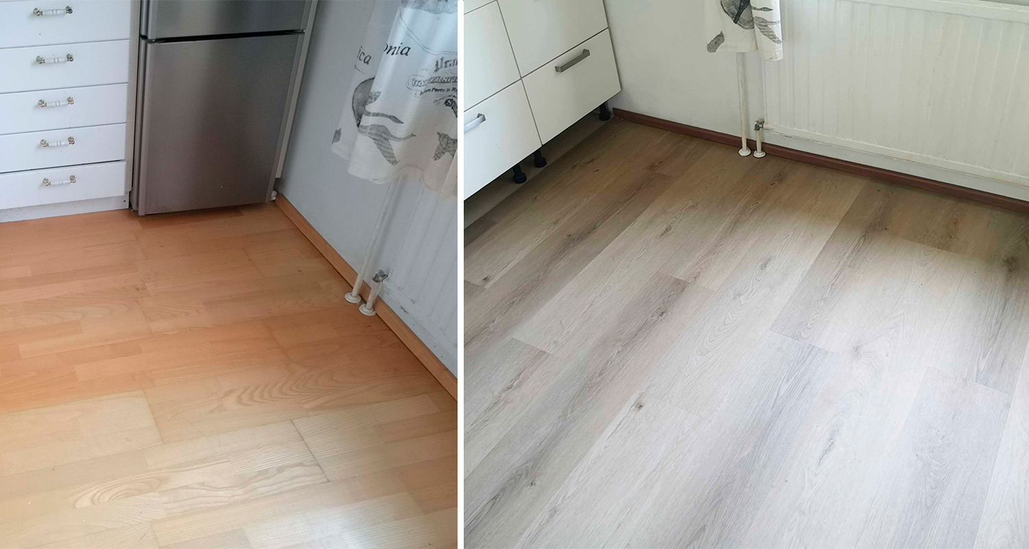 Keittiön lattia, jossa vasemmalla on vielä vanha lattia ja oikealla uusi Cello Sidney-vinyylilankku asennettuna lattiaan. 
