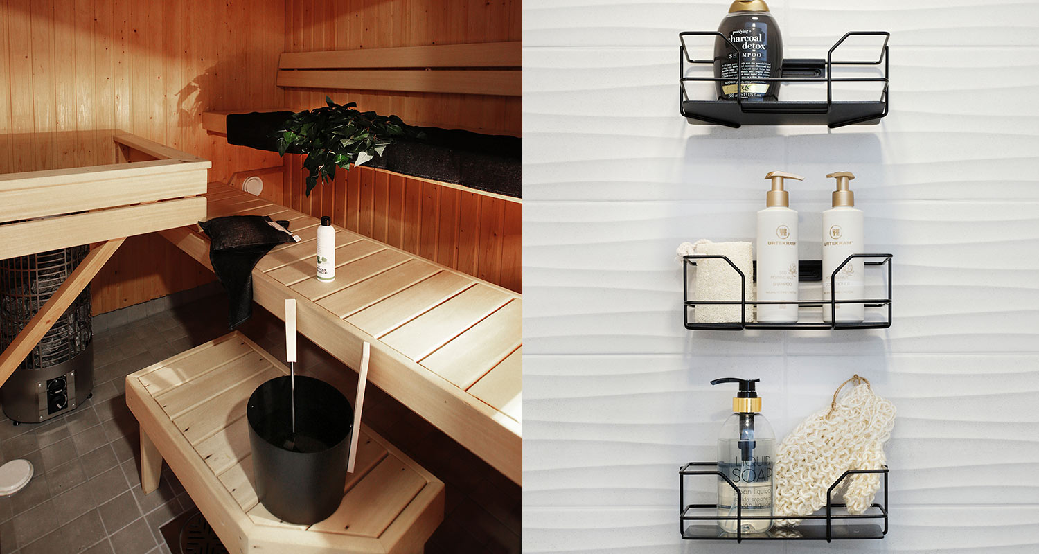 Sauna vaaleilla lauteilla ja aaltoileva valkoinen seinälaatta kylpyhuoneessa