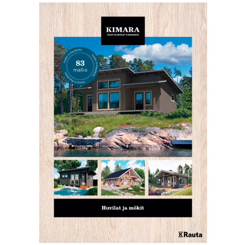 Ruskea hirsimökki kivikkoisen järvenrannan edessä sinisen taivaan alla, yläreunassa Kimara-logo