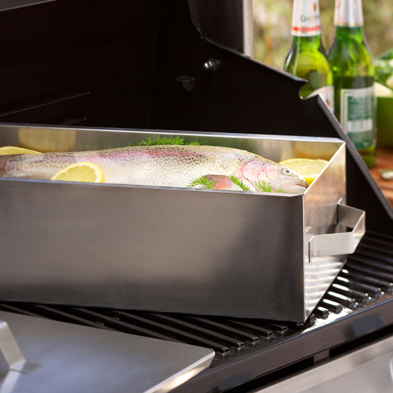 Raaka kirjolohi sitruunaviipuin ja tillillä teräspannussa grilliritilällä.