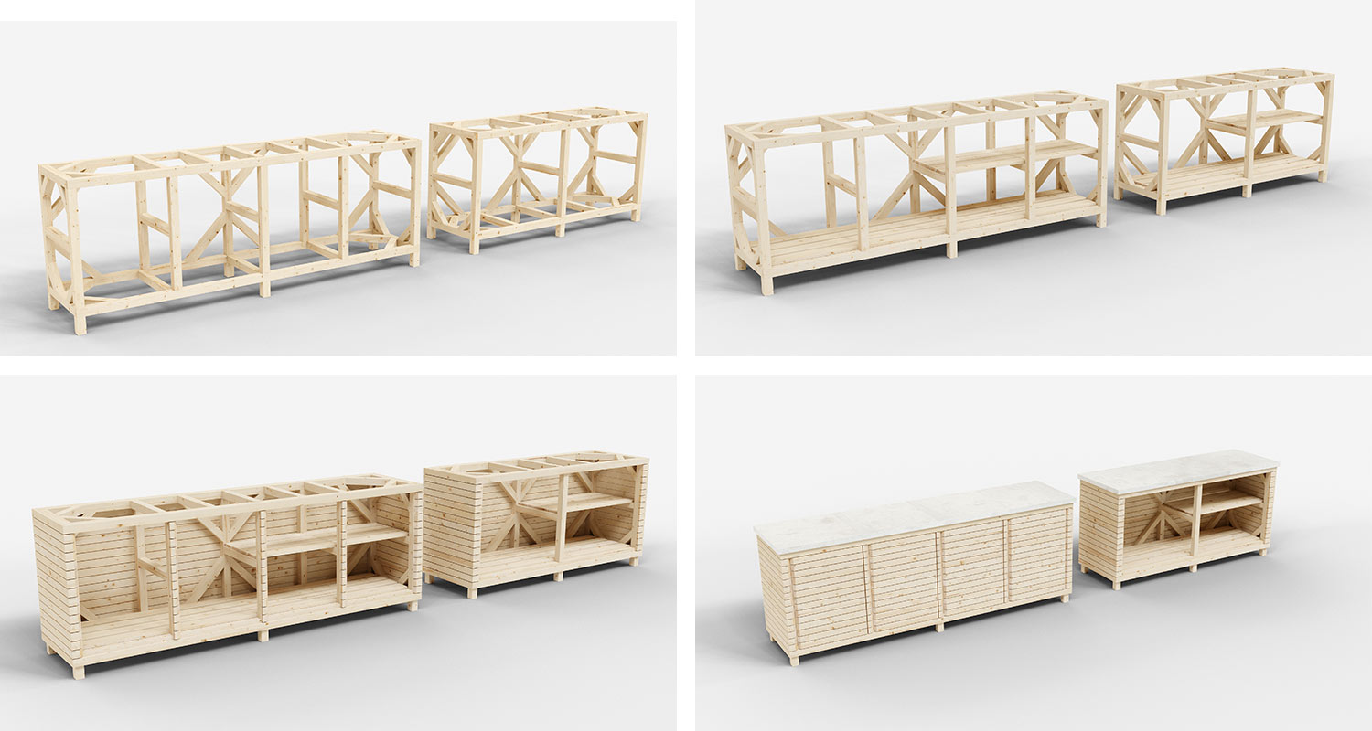 Kesäkeittiön taso ja kaapistot 3D-mallinnuskuvat