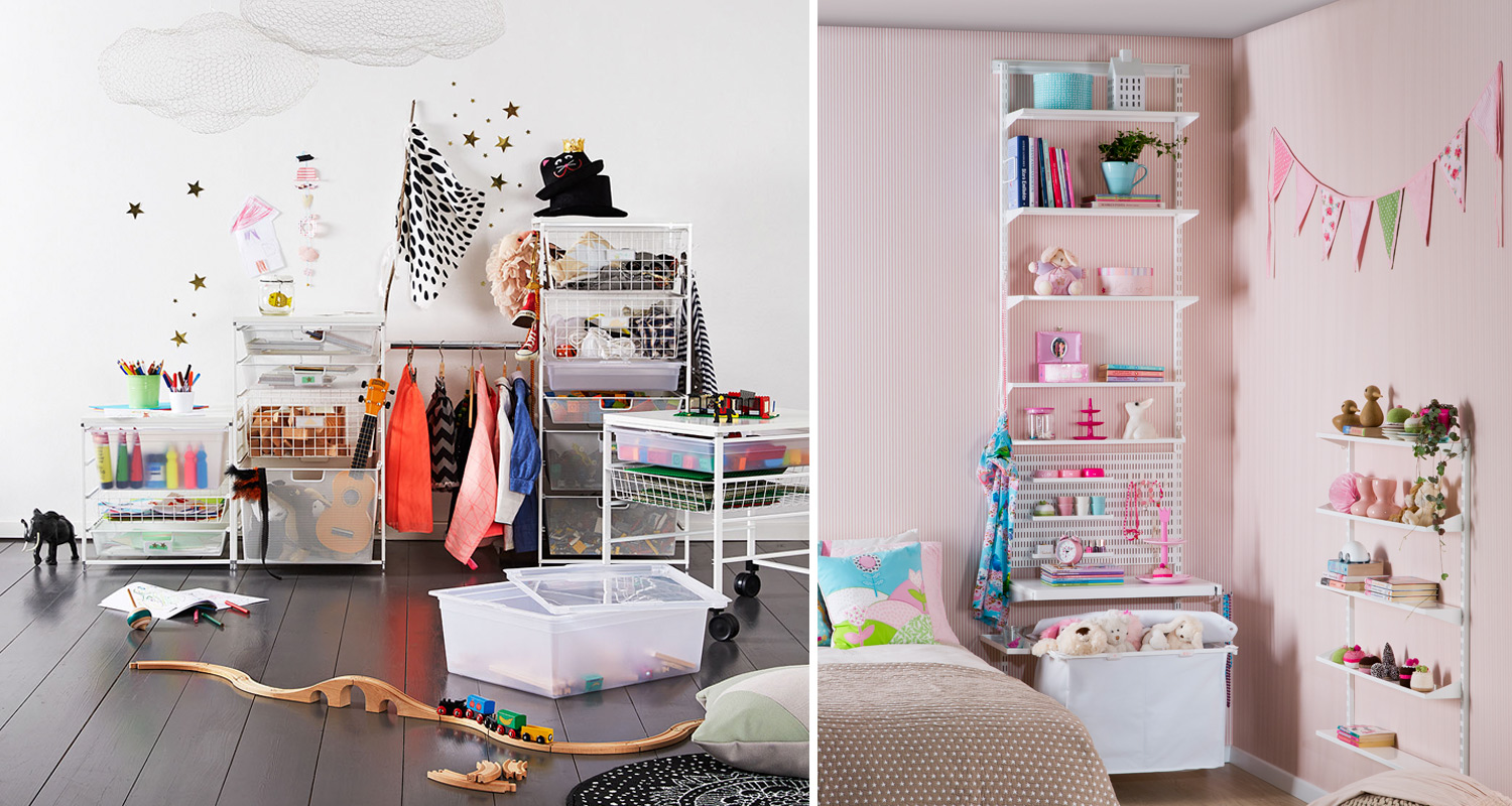 Lastenhuone: vasemmalla muovihyllyt ja lelujuna, oikealla vaaleanpunainen sänky, hyllyt nalleineen.