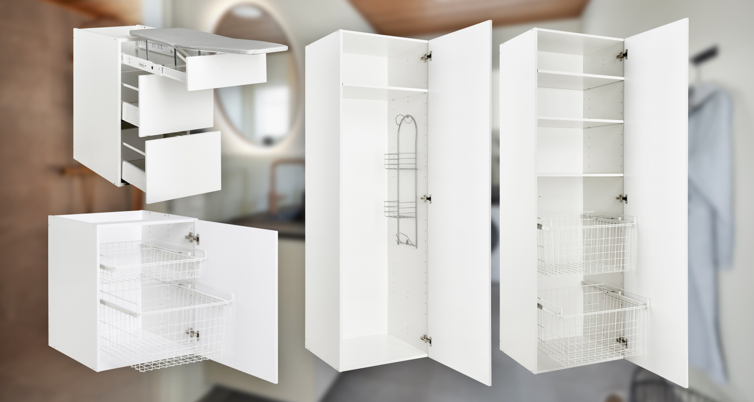 Erilaisia kaappeja kodinhoitohuoneeseen.