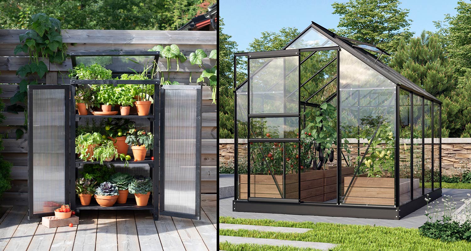 Musta kaappimallinen parvekekasvihuone ja musta kasvihuone pihalla, myynnissä K-Raudassa 