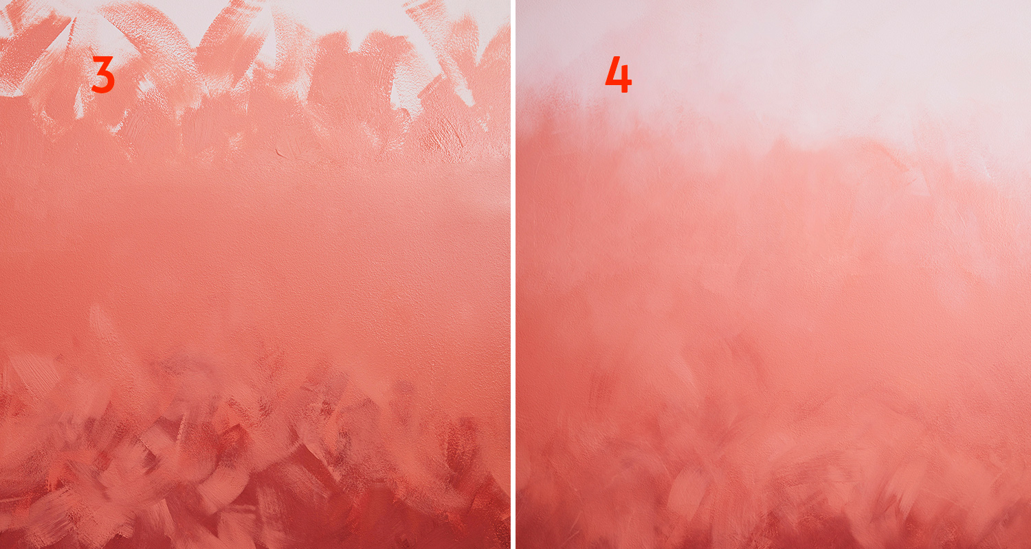 Korallinsävyiset, sivuttain sävytetyt maalipinnat tekstuurein, numeroitu 3 vasemmalla ja 4 oikealla.