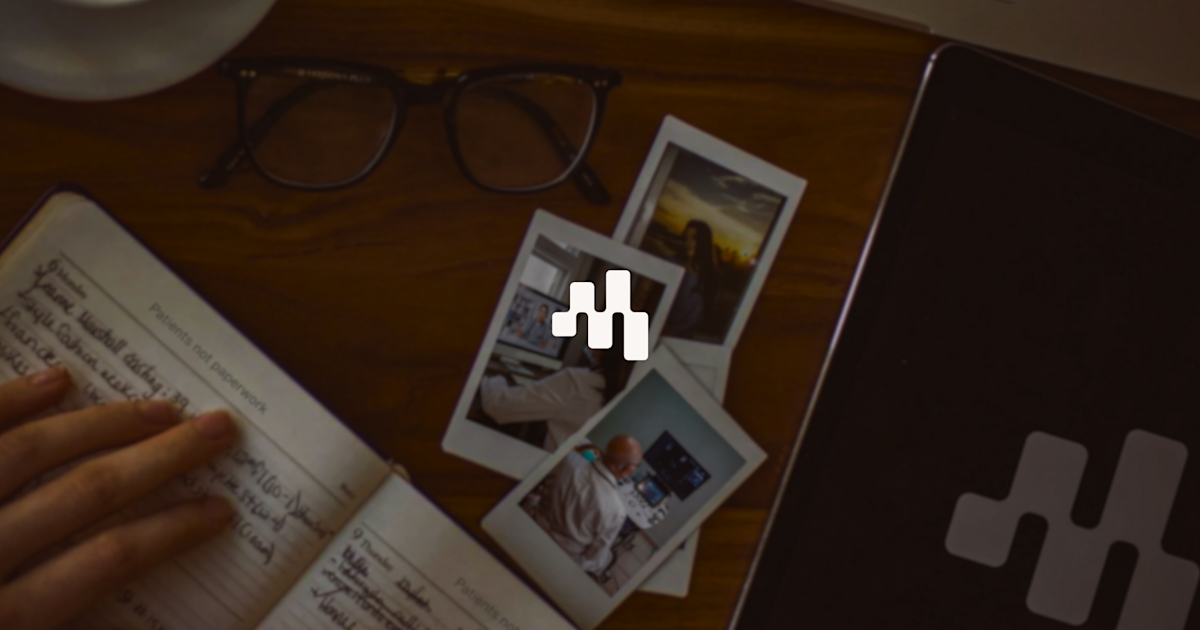 Image showing photos, notes and an iPad with the Motics logo, demonstrating the myriad ways clinicians can upload information to their consultation to create richer, more accurate notes.