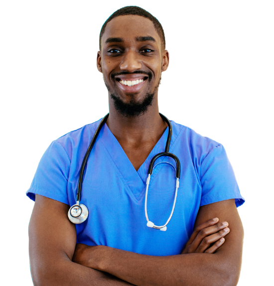 African American male LPN smiles at camera.