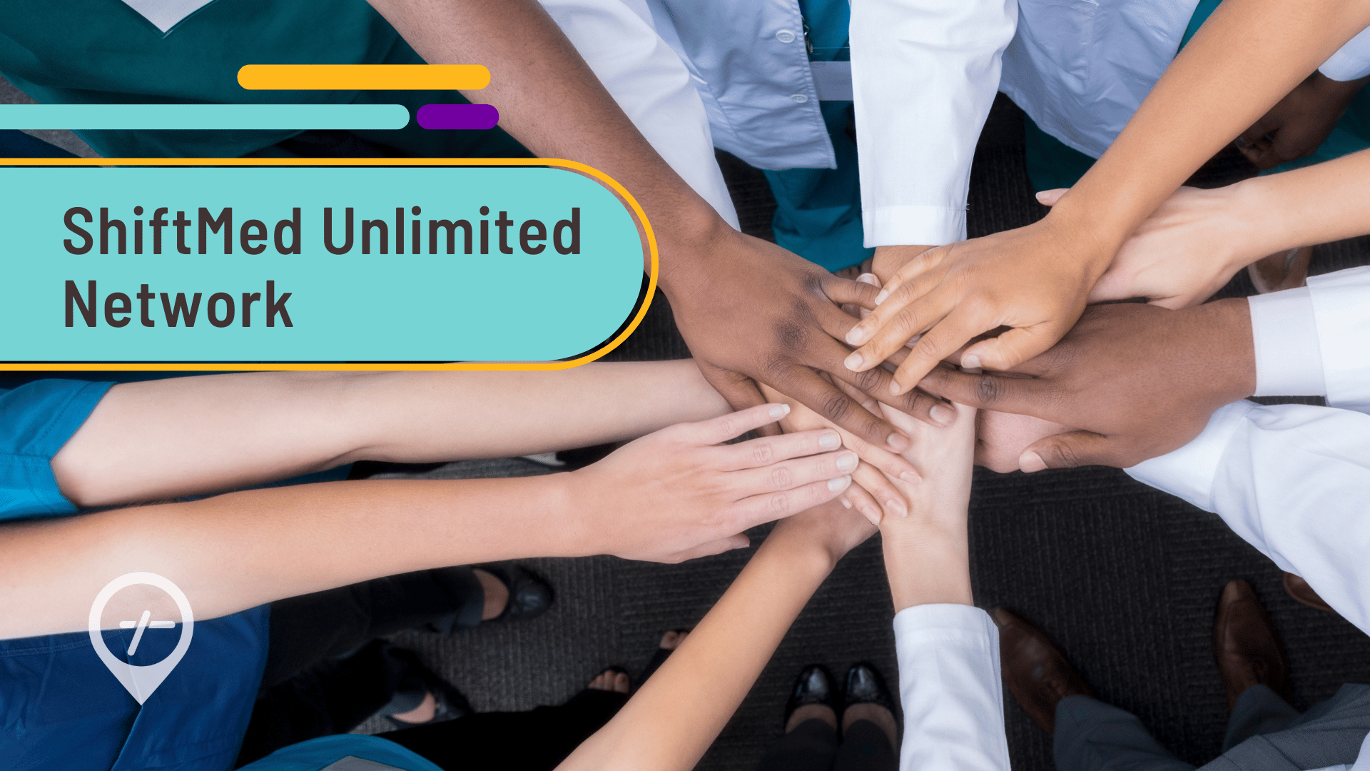 An image of various healthcare professionals huddled and putting their hands on top of one another to signify teamwork.