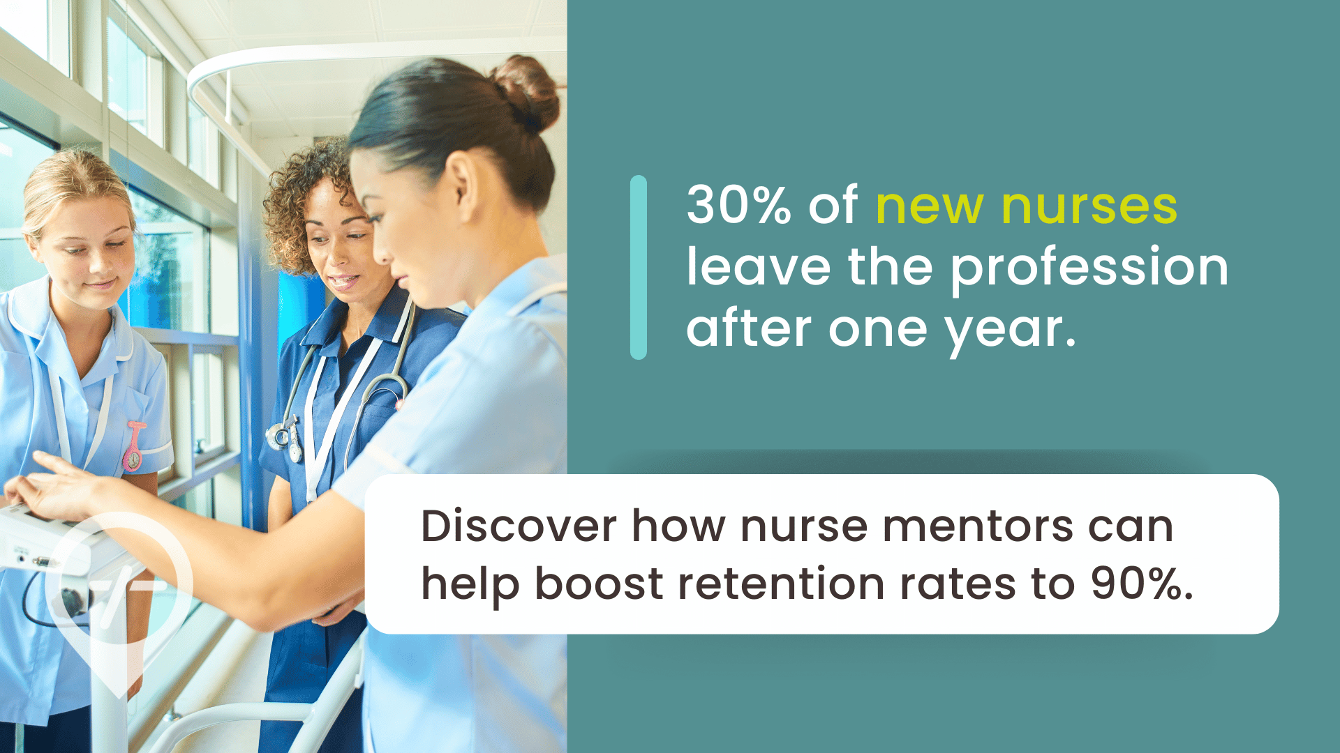 A photo of an experienced nurse mentoring two new nurses.