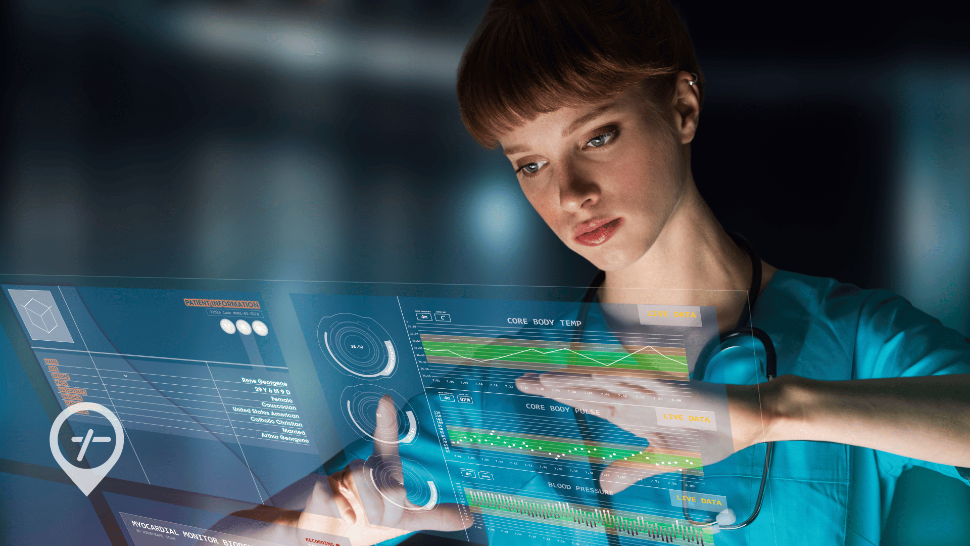 A nurse using advanced technology to manage patient information in a clinical setting.