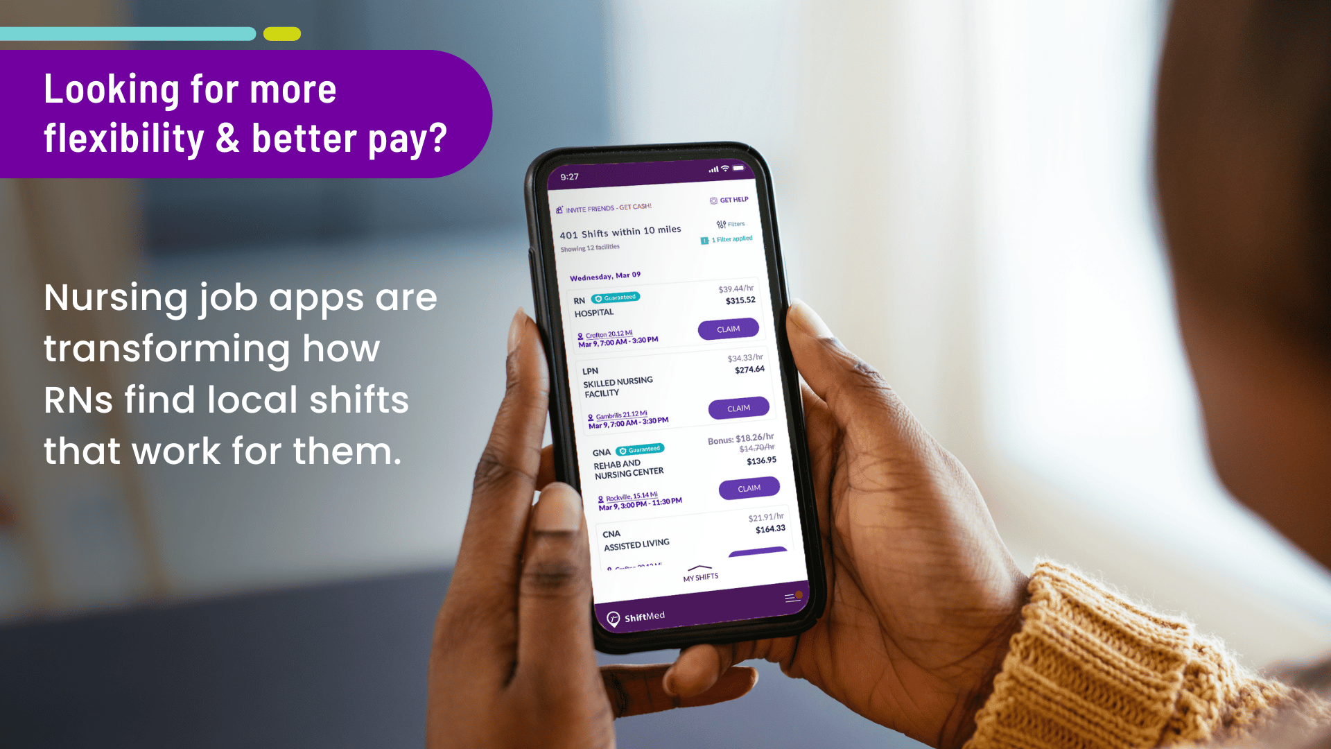 Nurse using the ShiftMed nursing jobs app to search for and claim local RN shifts.