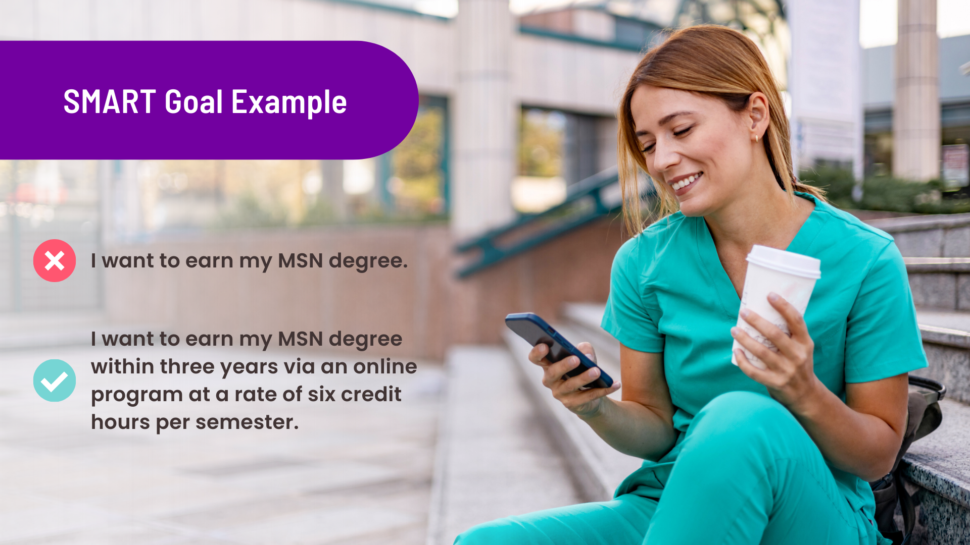 A nurse sits on steps holding a coffee and looking at her phone.