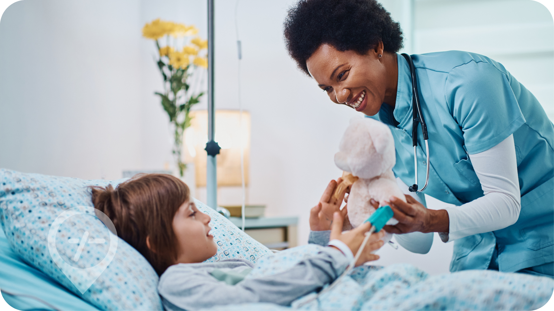 African American female nurse cares for ill patient in the hospital.