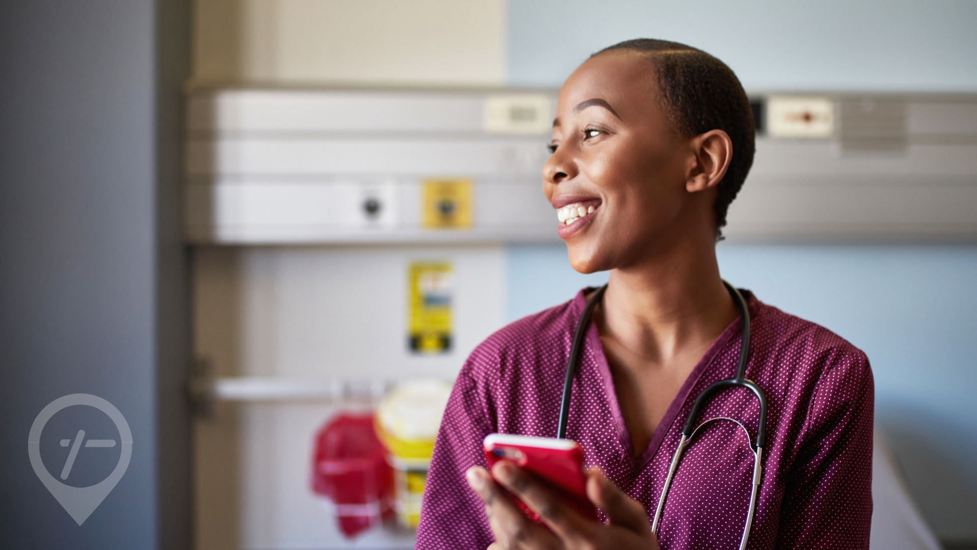 African American female nurse smiles while selecting shifts in the ShiftMed app.