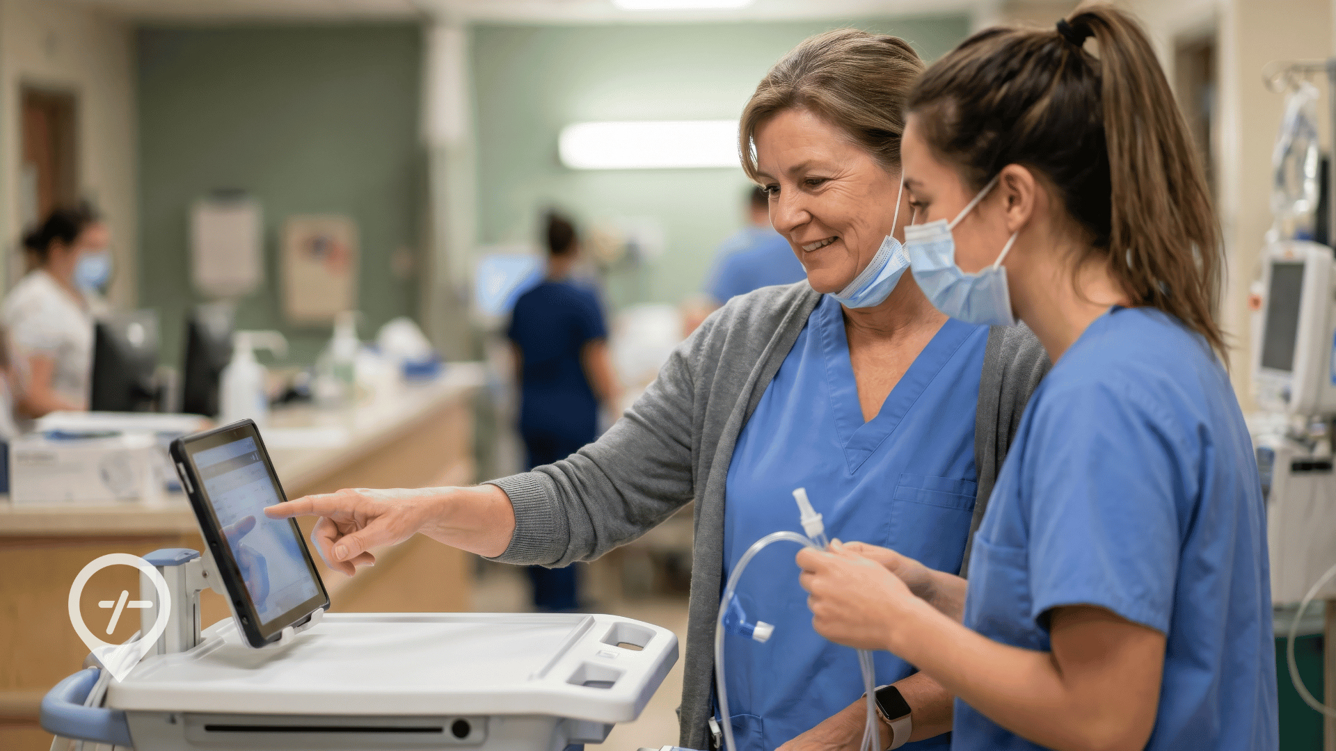 Nurse mentor and Gen Z nurse mentee reviewing patient care information together, demonstrating real-time clinical mentorship and collaborative decision-making in a hospital setting.