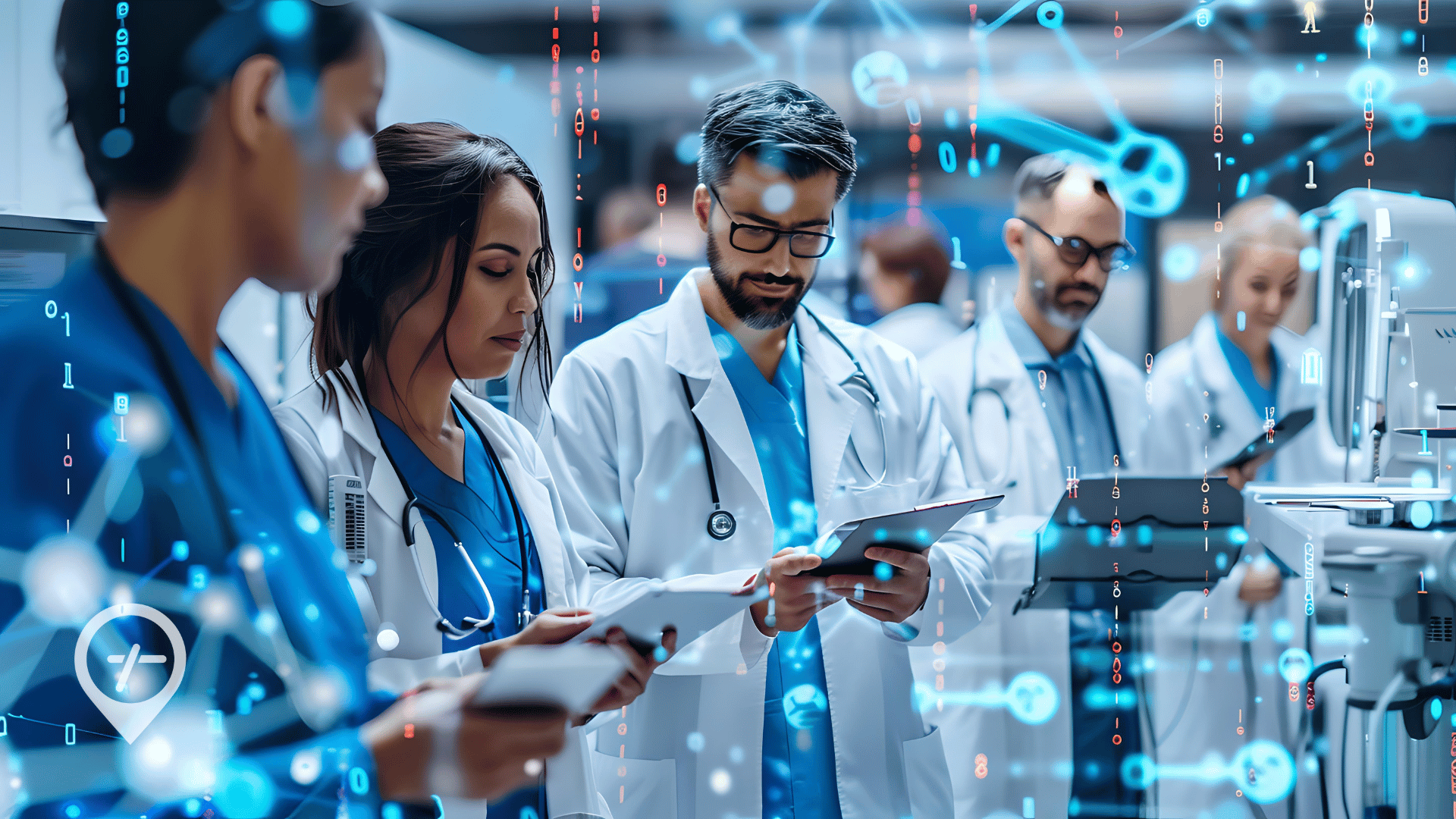 An image of nurses and doctors with a technology overlay to represent the power of AI in healthcare.