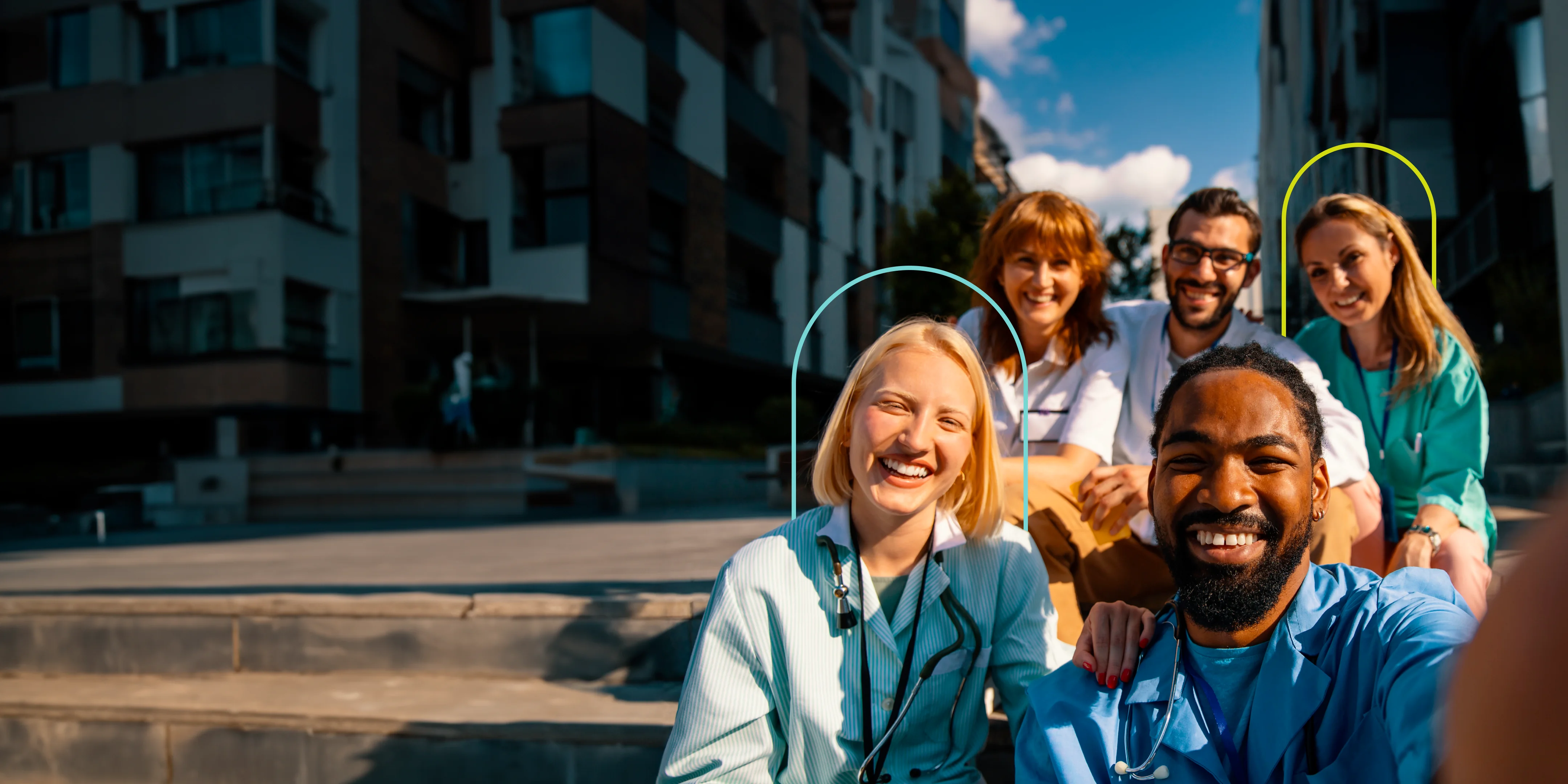 Selfie of a group of nurses outside.