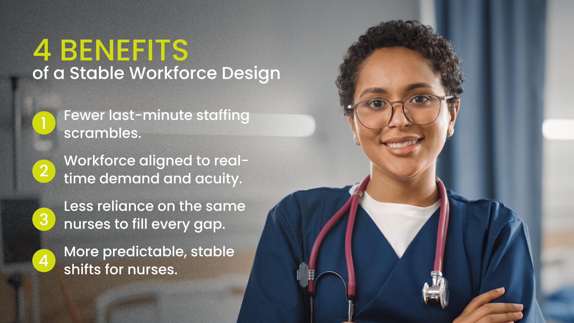 Nurse standing up in a hospital room and smiling with a sense of relief, representing recovery, resilience, and improved workplace conditions in healthcare.
