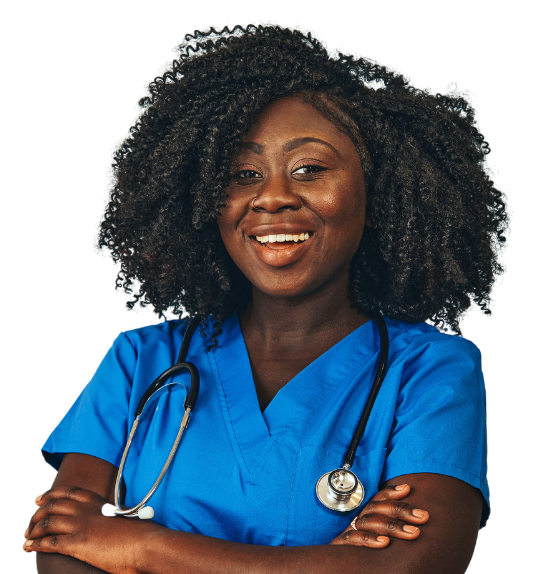 African American female nurse excited about a new nursing job.