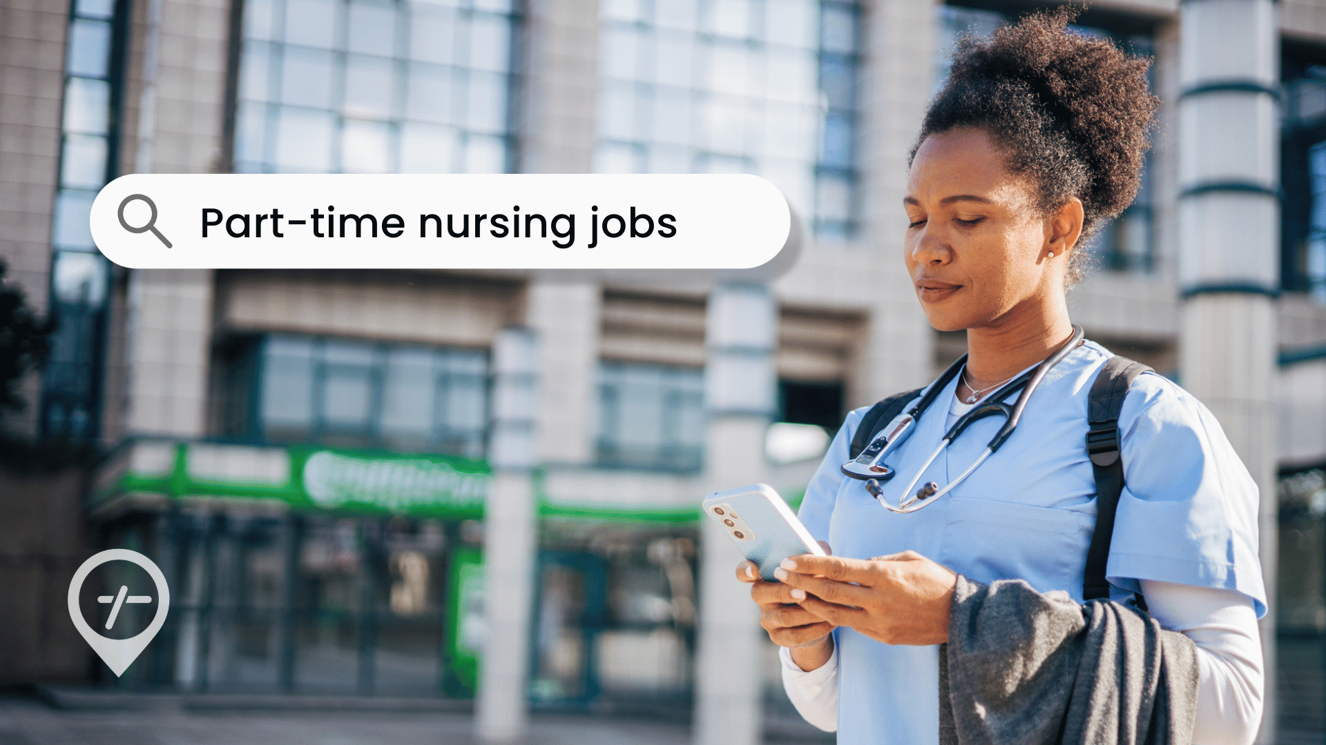 A nurse stands outside a hospital searching part-time nursing jobs on her phone.