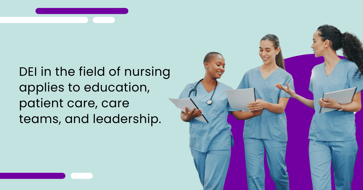 An image of three nurses with the text DEI in the field of nursing applies to education, patient care, care teams, and leadership. 