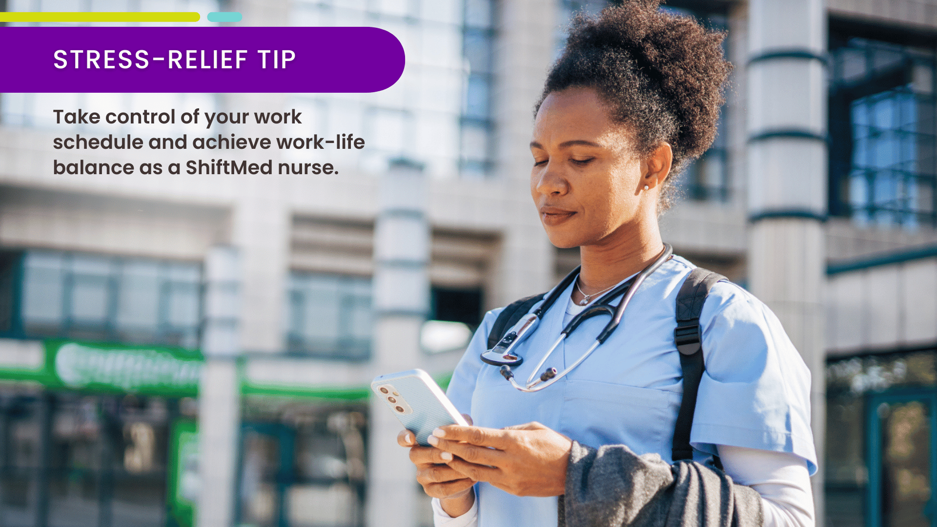 A nurse walks outside the hospital, checking the ShiftMed app that gives her the scheduling flexibility she needs for true work-life balance.