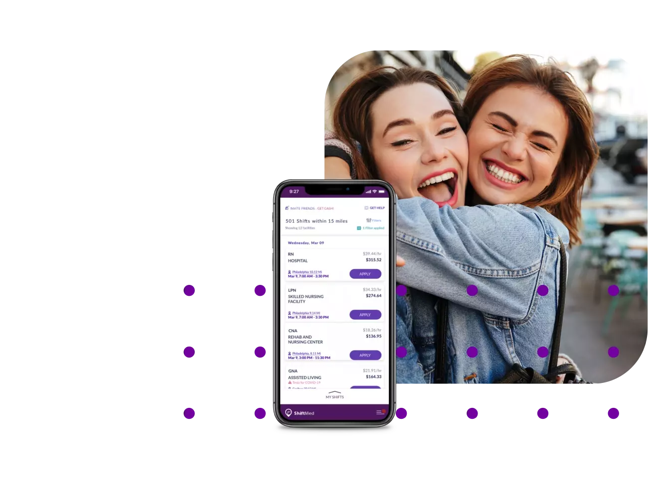 Two friends hugging and the ShiftMed app