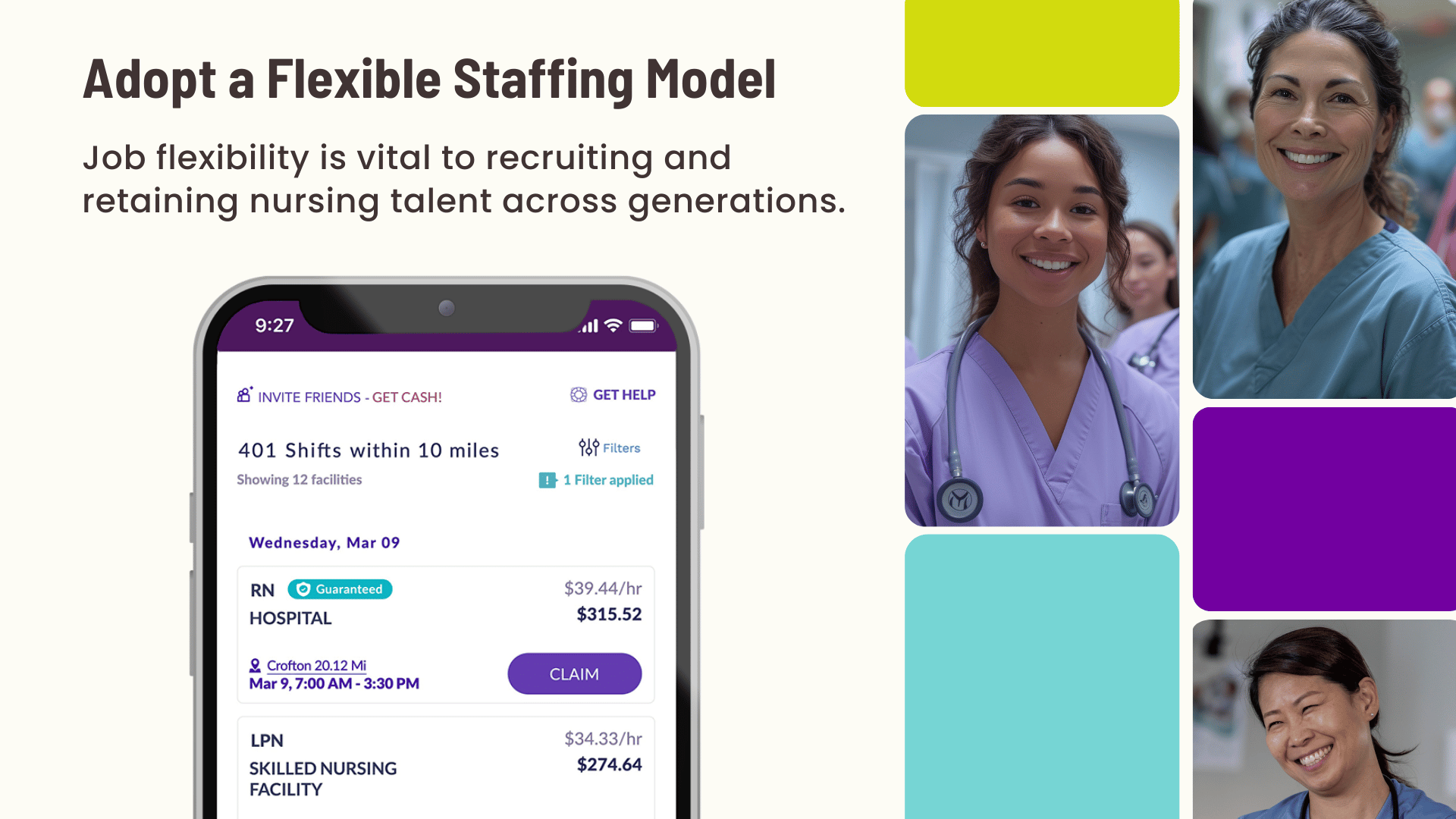 A montage image that features different generations of nurses and text that says job flexibility is vital to recruiting and retaining nursing talent across generations. 