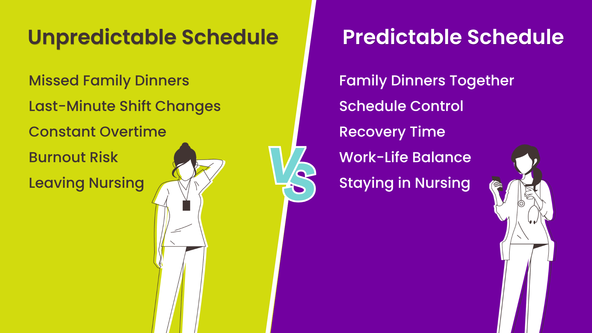 Illustration comparing unpredictable and predictable nursing schedules, showing how schedule flexibility helps nurses achieve better work-life balance and stay in the profession.