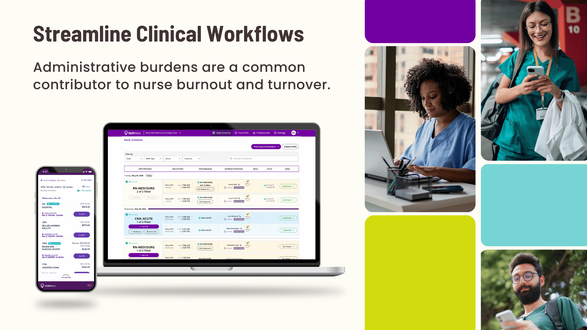 An image montage that features nurses looking at their smartphones and computers with text that says administrative burdens are a common contributor to nurse burnout and turnover.