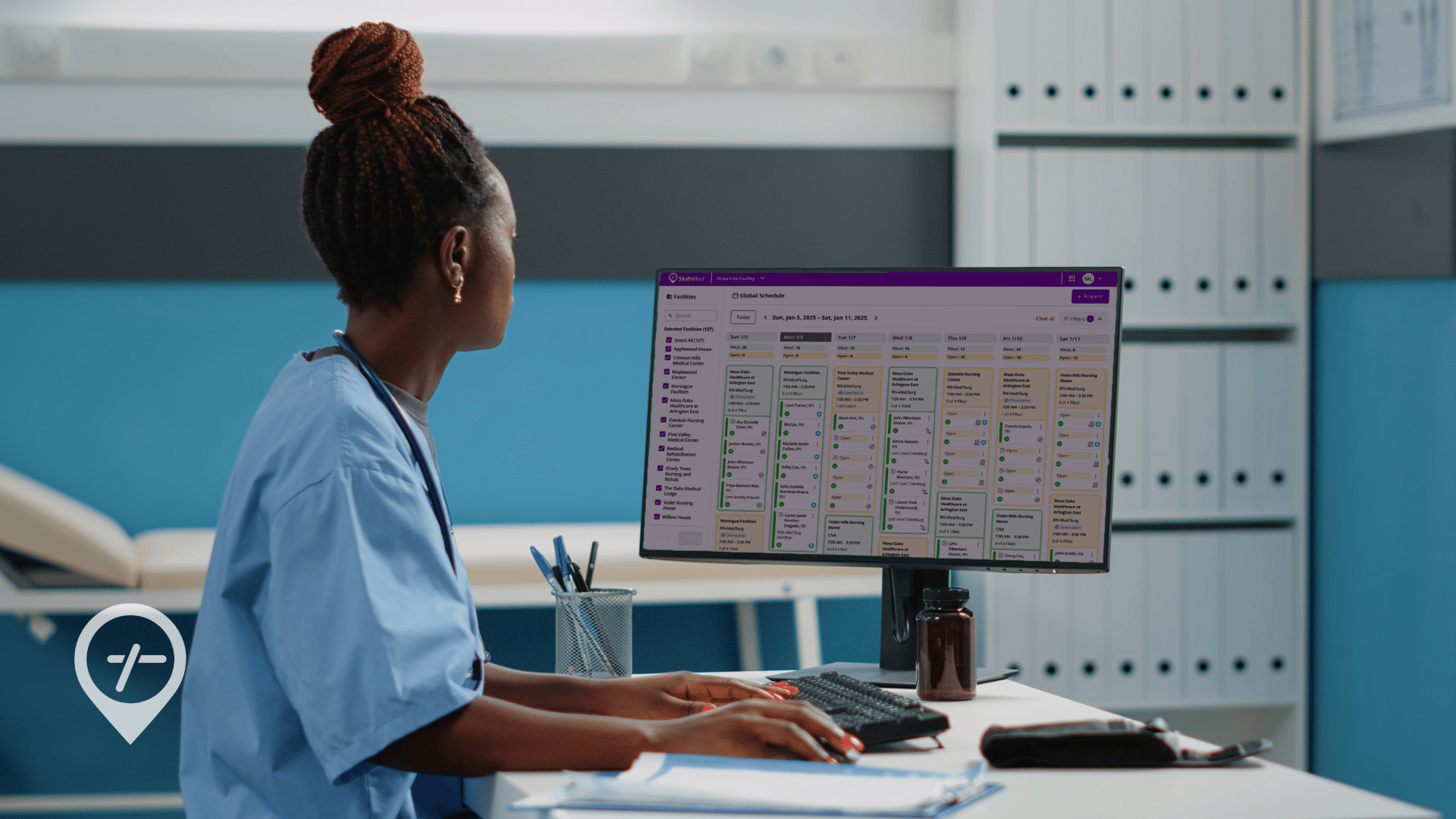 Hospital nurse using open shift management software to fill nursing schedule gaps and manage shifts efficiently.