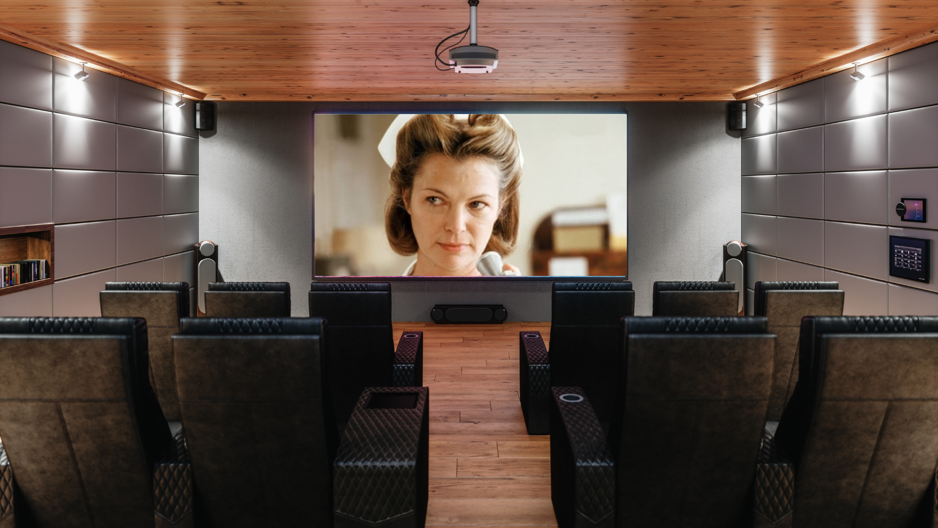 A home theater room with Nurse Ratched on the TV screen.