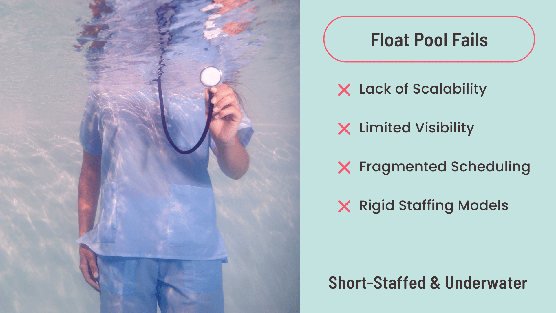 A nurse stands in a pool holding up a stethoscope next to a list of four reasons float pools fail.
