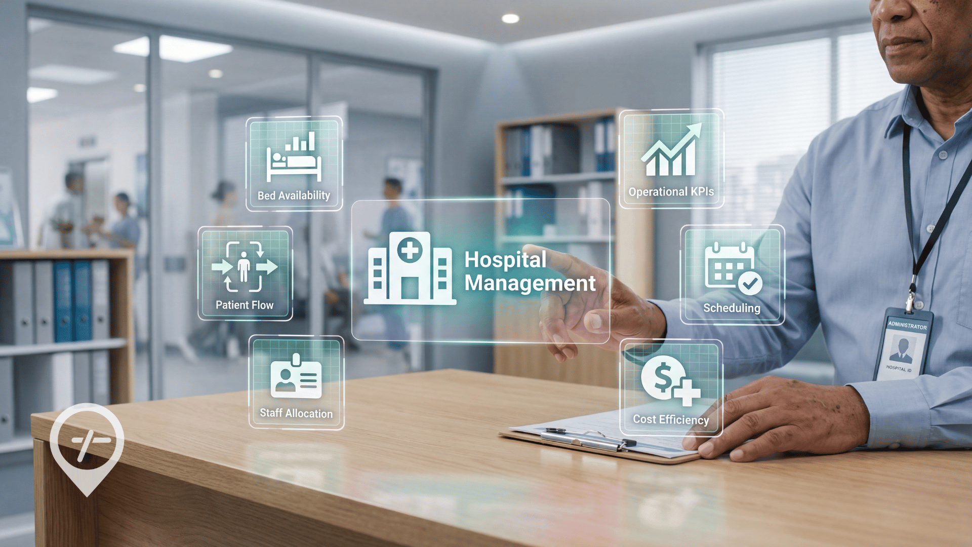 Hospital administrator reviewing workforce management data to optimize staff scheduling, reduce labor costs, and improve hospital efficiency.